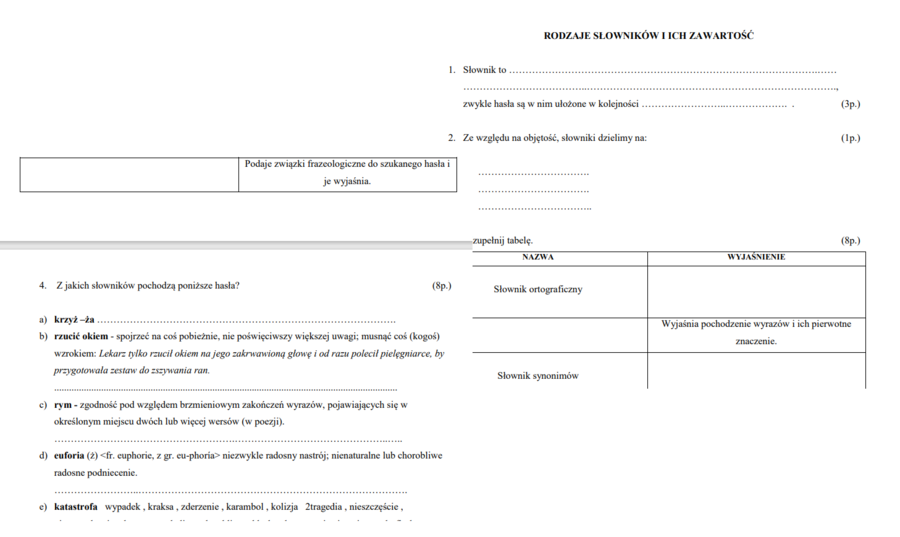 Słowniki, rodzaje słowników - sprawdzian, kartkówka - klasa 6 , 7, 8