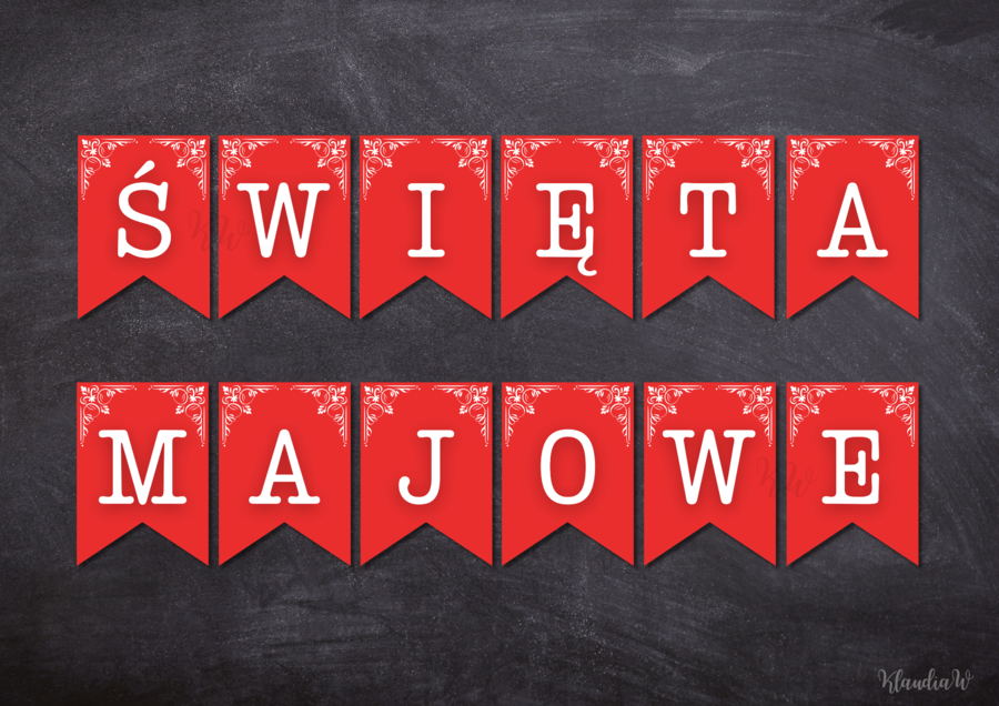 Święta Majowe - girlanda z pełnym alfabetem i cyframi: 1, 2, 3