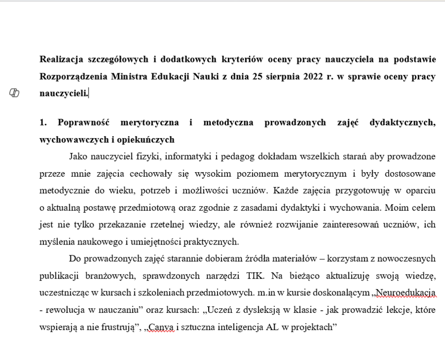 Kryteria oceny pracy - przykładowe czynności nauczyciela fizyki, informatyki, pedagoga.