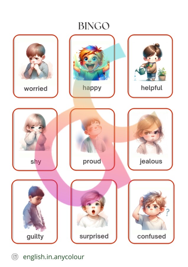 Angielski - Emotions - 2 rodzaje słownika obrazkowego, indywidualne karty BINGO, 4 ćwiczenia