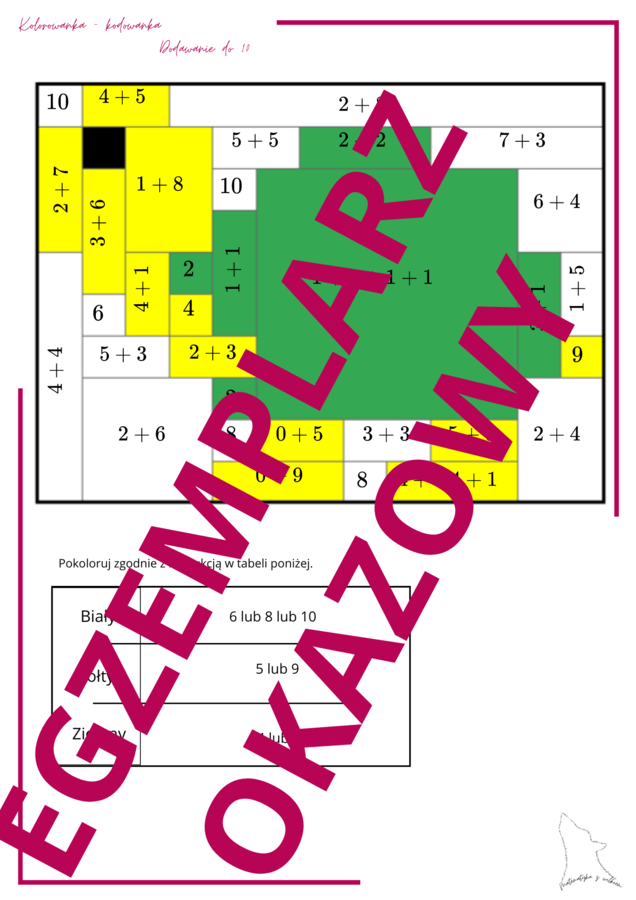 Dodawanie do 10 - Kolorowanka kodowanka - żółwik