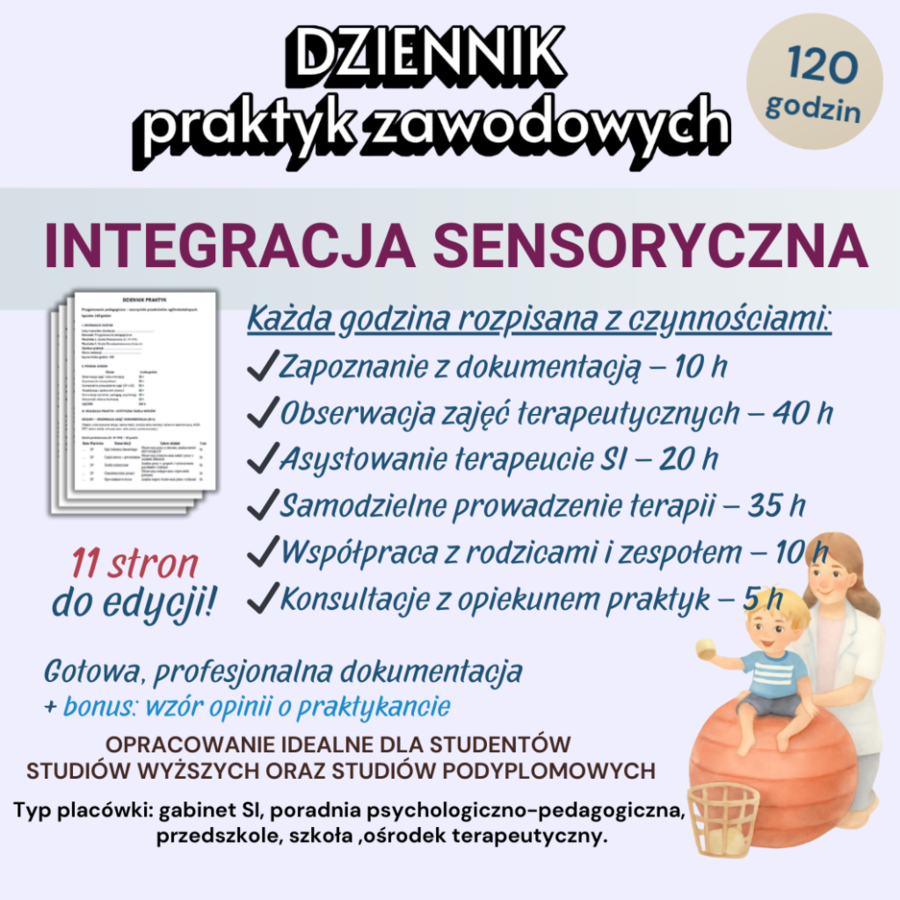 DZIENNIK PRAKTYK – INTEGRACJA SENSORYCZNA (SI) 120 GODZIN – KOMPLETNA DOKUMENTACJA