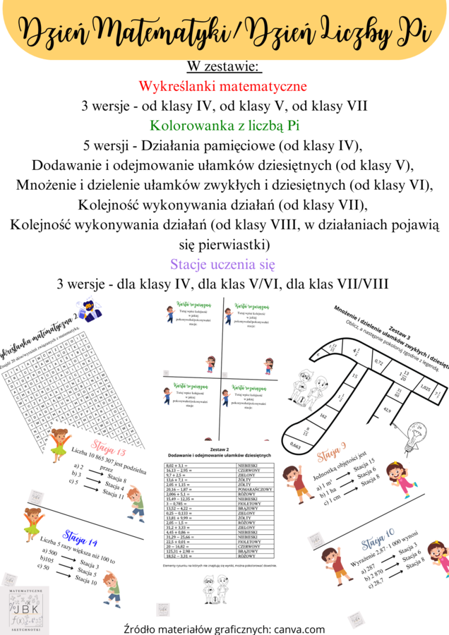 Wykreślanki matematyczne, Kolorowanki z liczbą Pi, Stacje uczenia się - pakiet materiałów na Dzień Matematyki/Dzień Liczby Pi