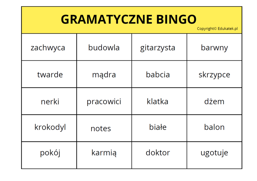 Gramatyczne bingo- utrwalanie rzeczownika, czasownika, przymiotnika