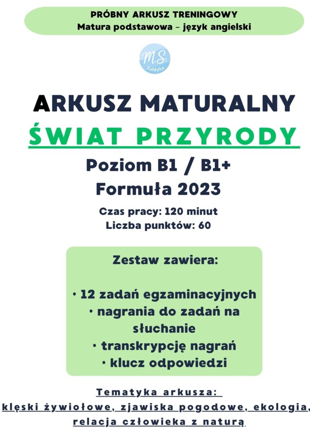 Autorski arkusz maturalny– dział tematyczny: ŚWIAT PRZYRODY- (B1/B1+) | Formuła 2023