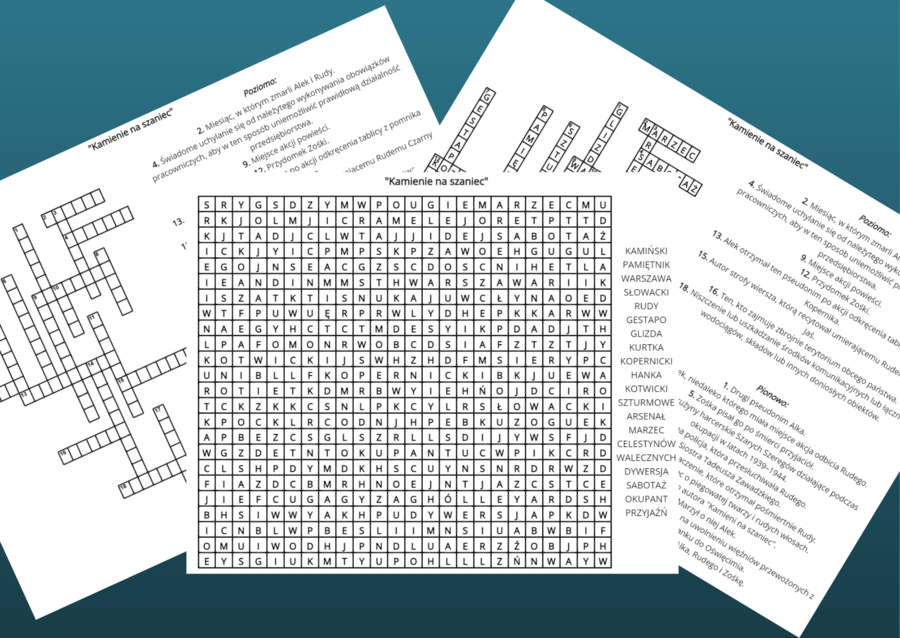 "KAMIENIE NA SZANIEC" - krzyżówka, wykreślanka - lektury obowiązkowe kl.7-8