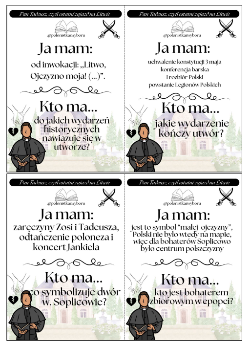 Karty Ja mam, Kto ma? Pan Tadeusz, 32 karty, egzamin ósmoklasisty