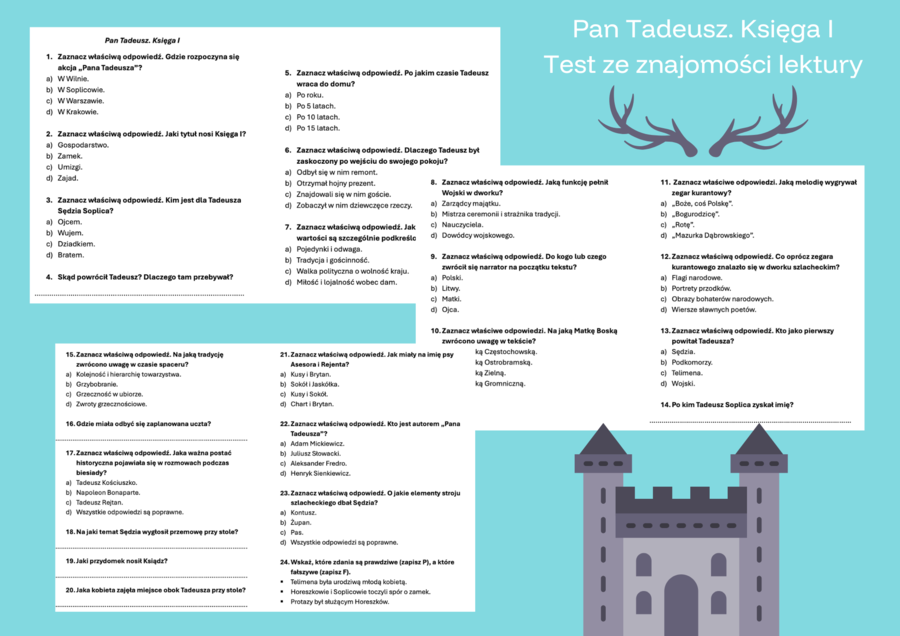 Zestaw testów - Pan Tadeusz. Księgi I, II, IV, X, XI, XII