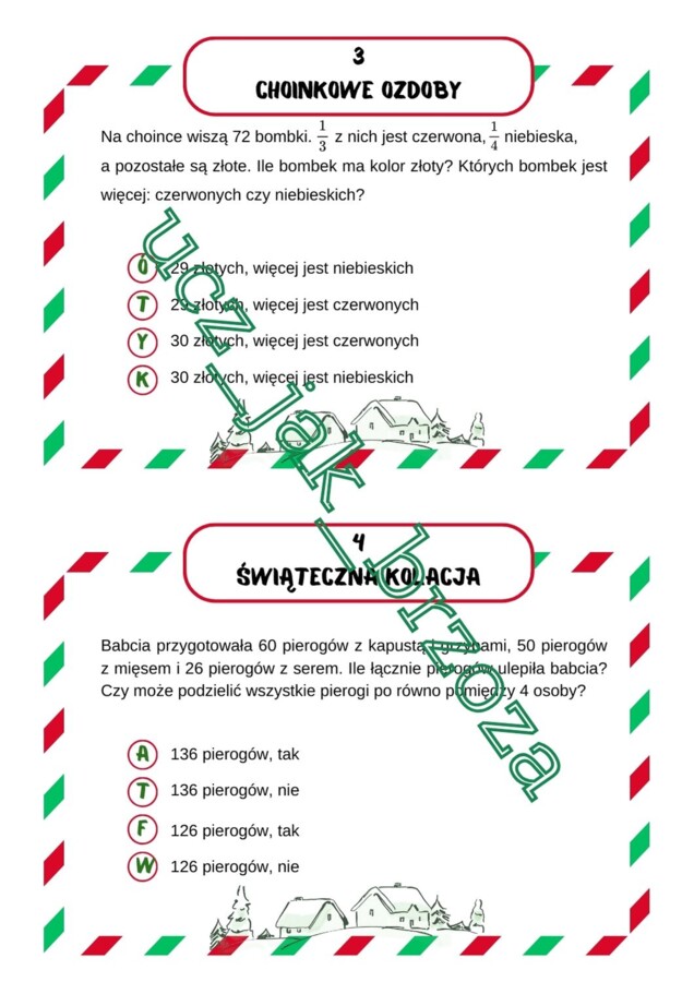 Stacje zadaniowe, mikołaj, boże narodzenie, szyfr, klasa 5, liczby naturalne i ułamki zwykłe