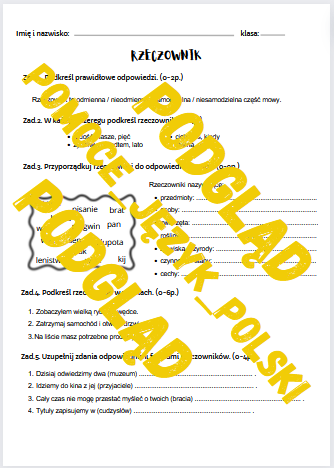Rzeczownik / części mowy / sprawdzian / kartkówka / karta pracy / KLUCZ ODPOWIEDZI