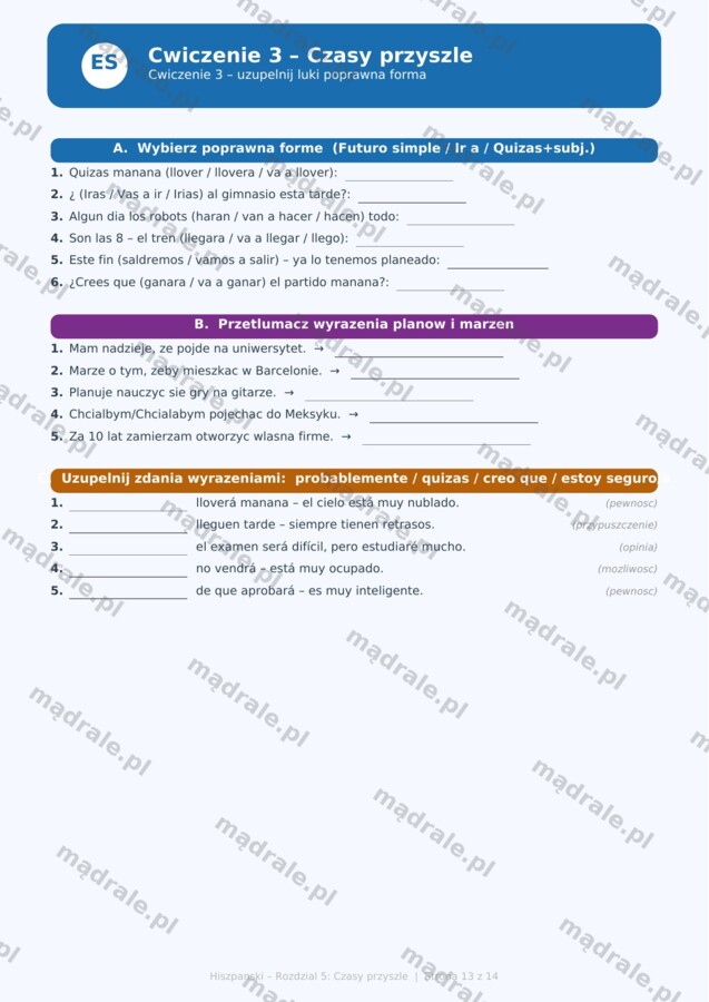 KARTA PRACY "JĘZYK HISZPAŃSKI – ROZDZIAŁ 5: CZASY PRZYSZŁE" + ZADANIA DYDAKTYCZNE + KLUCZ ODPOWIEDZI