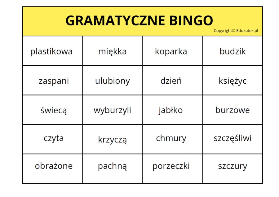 Gramatyczne bingo- utrwalanie rzeczownika, czasownika, przymiotnika
