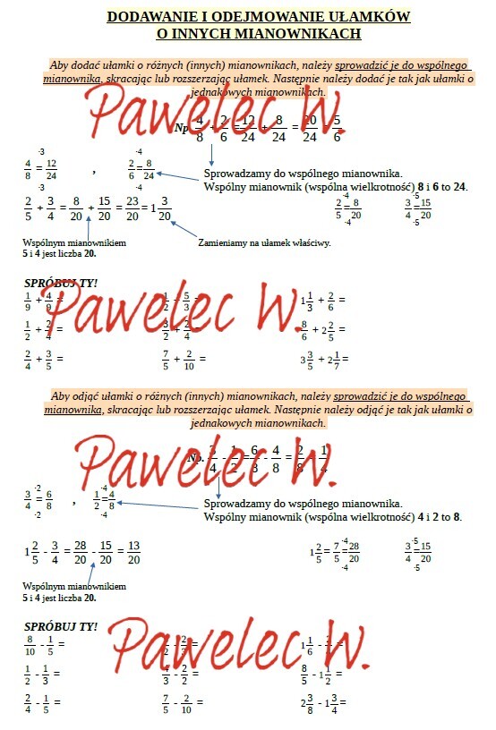 Dodawanie i odejmowanie ułamków o innych mianownikach - plakat do uzupełnienia, karta pracy, kl. 4, kl. 5, kl. 6 przykłady