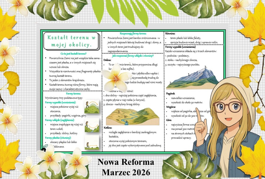 Sketchnotka/notatka - dla ucznia i przypomnienie dla nauczyciela w pdf. Temat "Kształt terenu w mojej okolicy". Przyroda 4. "Odkrywam przyrodę" zgodna z wydawnictwem Nowa Era. Dział "Moja okolica".
