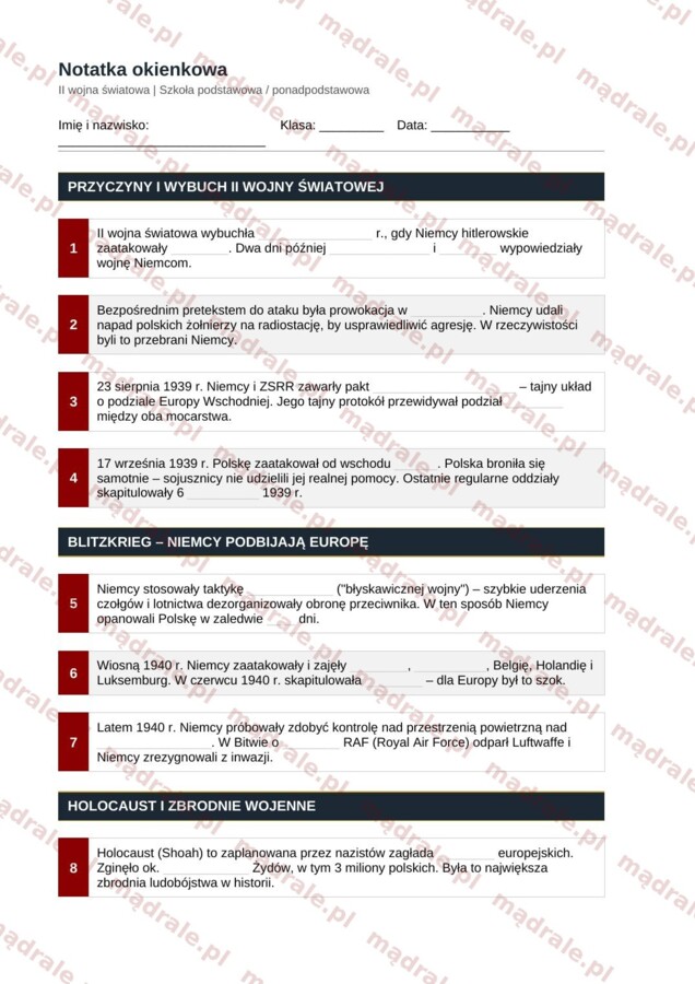 Notatka okienkowa „II wojna światowa” + klucz odpowiedzi
