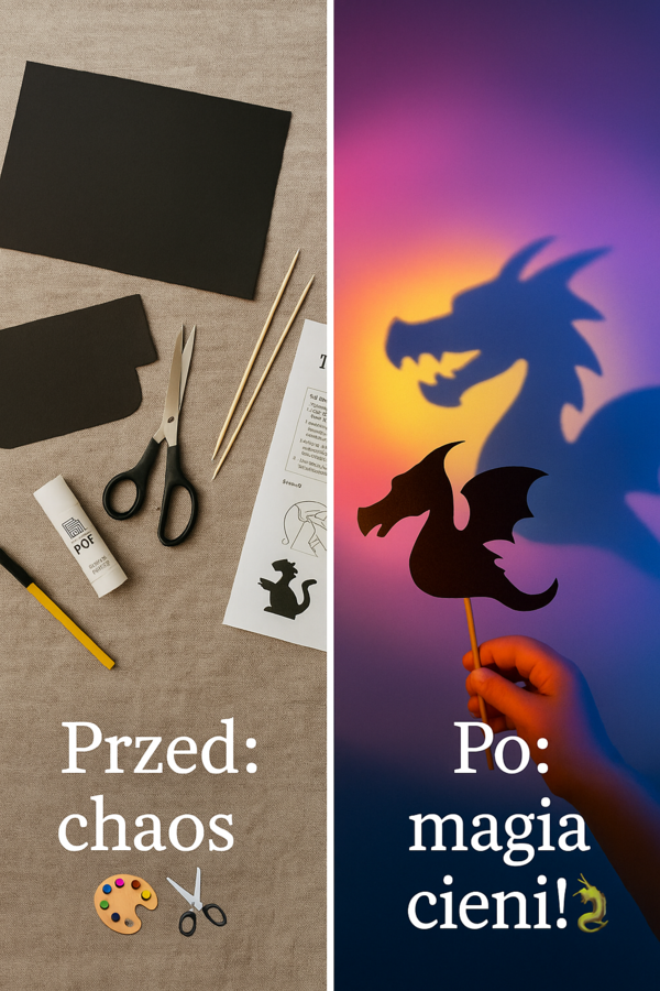 Teatrzyk cieni: własnoręcznie zrobione figurki z tektury, lampa, biała ściana.