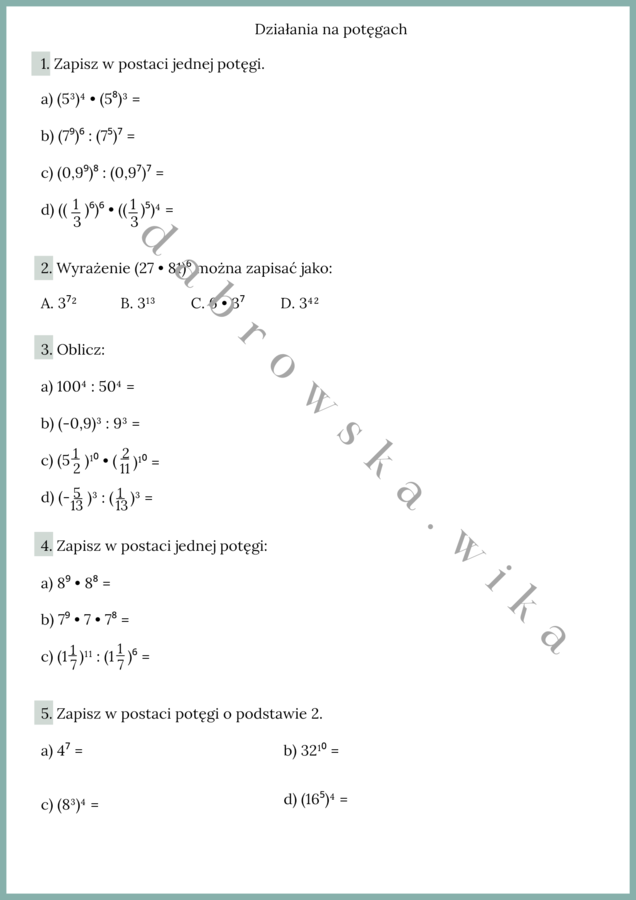 Działania na potęgach - karta pracy