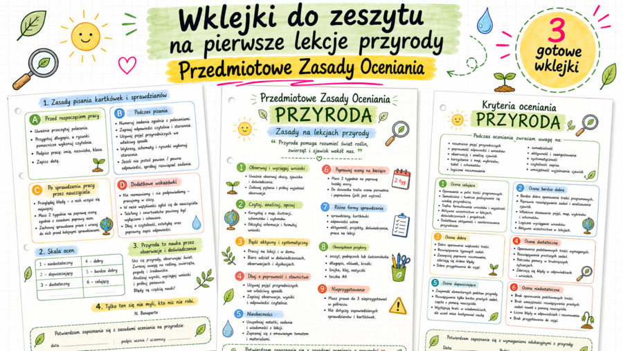 Przedmiotowe Zasady Oceniania – przyroda | wklejki dla uczniów