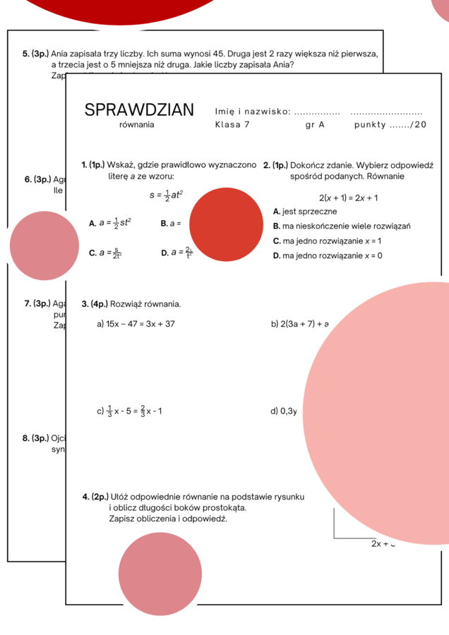 Sprawdzian - równania. Klasa 7