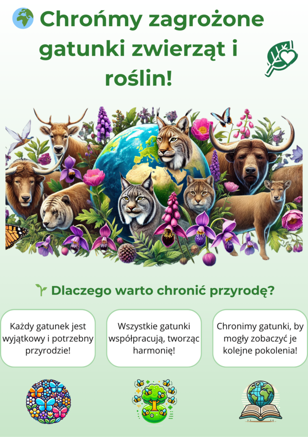Infografiki. Zagrożone zwierzęta i rośliny. Segregacja odpadów. Oszczędzanie zasobów naturalnych.