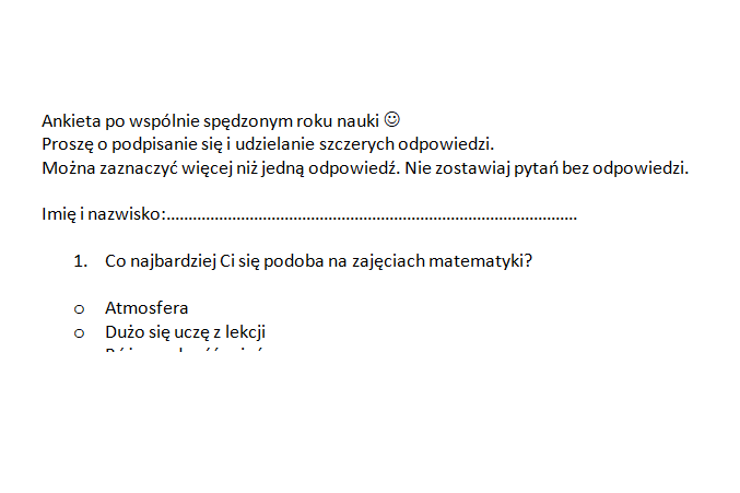 Ankieta po wspólnie spędzonym roku/ półroczu.