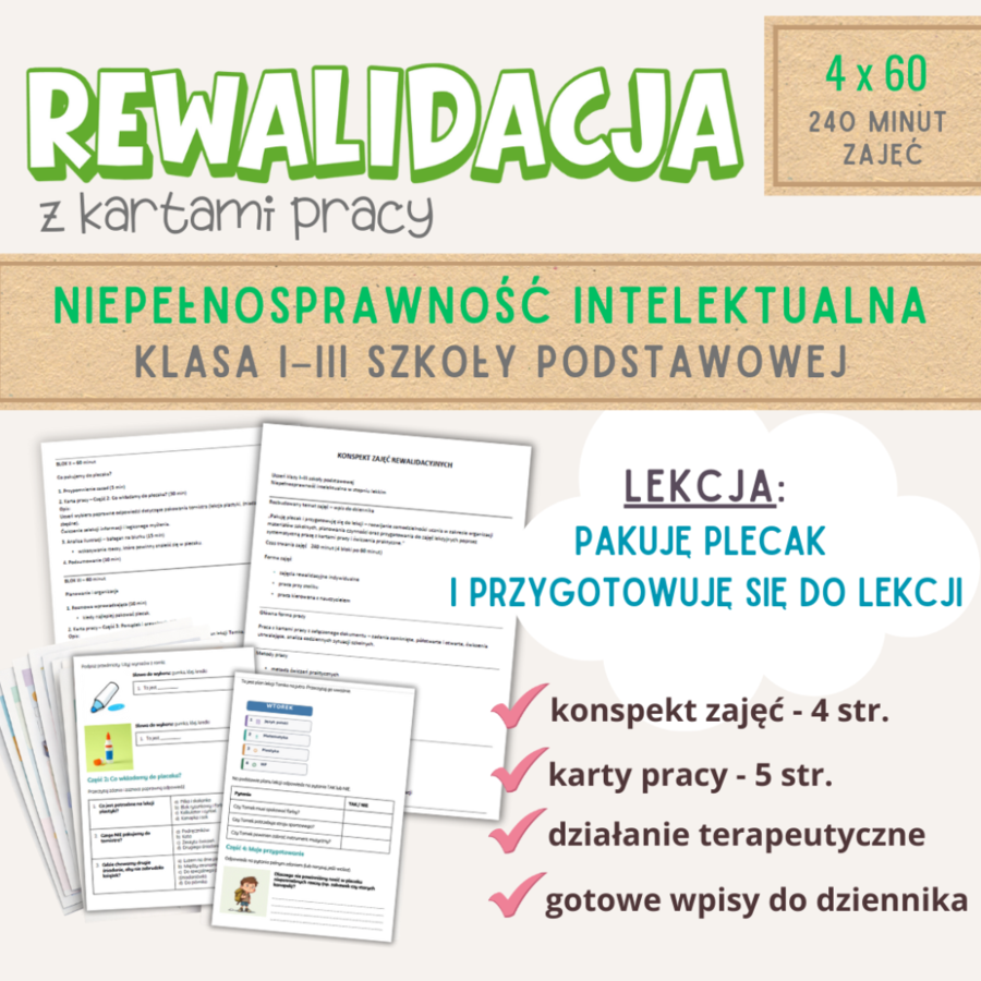 Rewalidacja – Pakuję plecak i przygotowuję się do lekcji. Scenariusz z kartami pracy. Niepełnosprawność intelektualna klasy I-III.