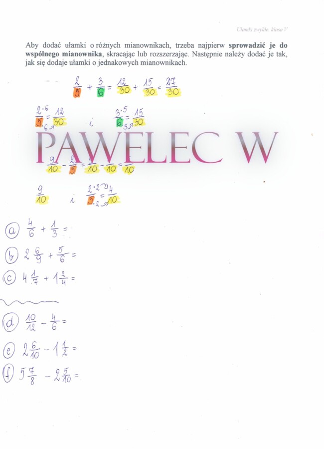 Dodawanie ułamków zwykłych o różnych mianownikach - plakat z wyjaśnieniem i przykładami