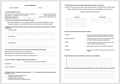UKŁAD ODDECHOWY CZŁOWIEKA - KARTA PRACY/SPRAWDZIAN