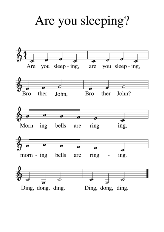 Are you sleeping, are you sleeping, Brother John? Nuty do piosenki, tekst w języku angielskim, podpisane nazwy dźwięków. Wygodna, duża czcionka.