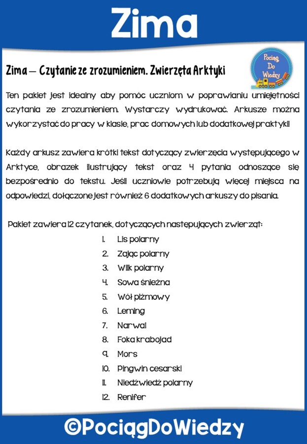 Czytanie ze zrozumieniem - Zwierzęta Arktyki