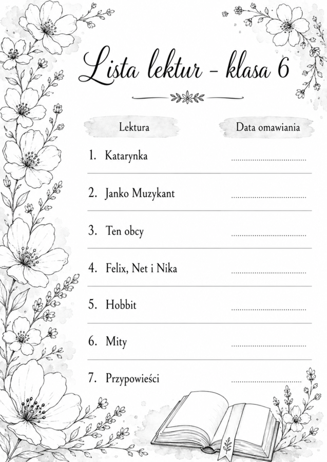 Lista lektur do klasy 6 (różne wersje) czarno-białe