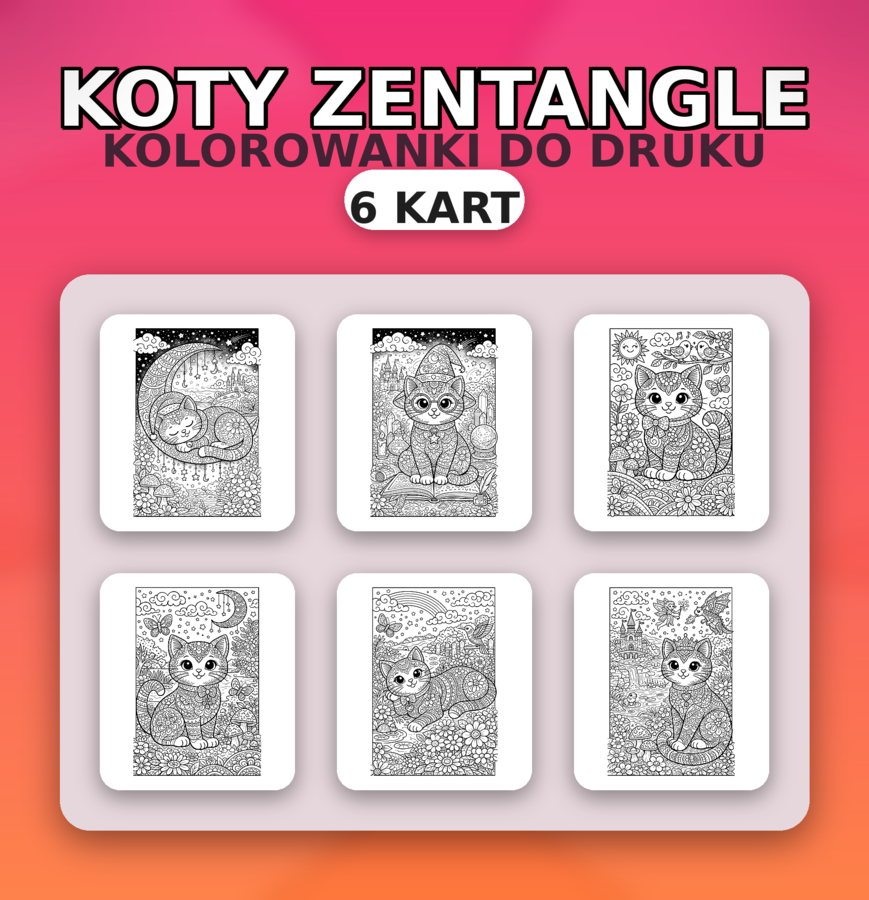 Dzień Kota: koty zentangle – zestaw 6 kolorowanek A4 (PDF)