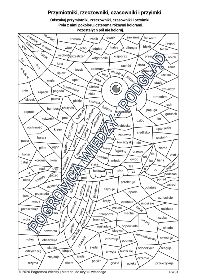 Części mowy w kolorach  - 20 kart pracy (kl.4-8)