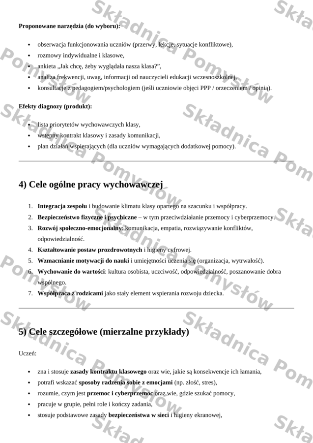 ROCZNY PLAN PRACY WYCHOWAWCY - klasa 4 (DOCX, edytowalny); plan pracy wychowawczej; godziny wychowawcze