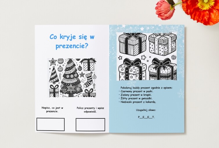 Kolorowanki. Prezenty. Choinka. Dekoracje