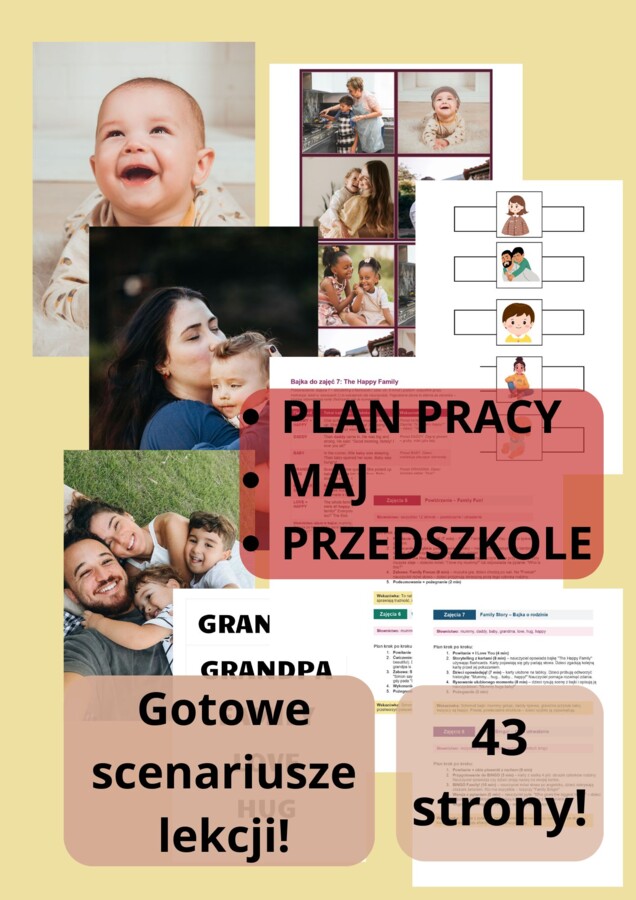 Plan zajęć angielski przedszkole: maj – Rodzina i Dzień Mamy | 10 lekcji | Piosenki, bajka, zabawy | Word do edycji