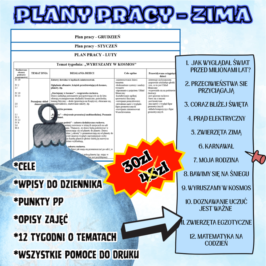 PLANY PRACY - ZIMA (plany do edycji z wpisami do dziennika, celami, punktami PP, materiałami do druku)