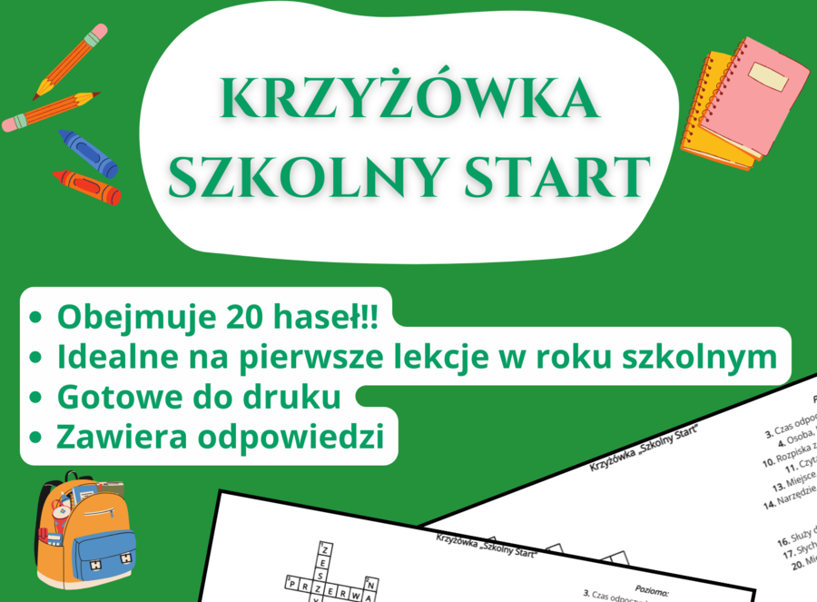 Krzyżówka „Szkolny Start” ✏️📚 – początek roku szkolnego, godzina wychowawcza, świetlica, klasy 1–3, klasy 4–6, klasy 7–8