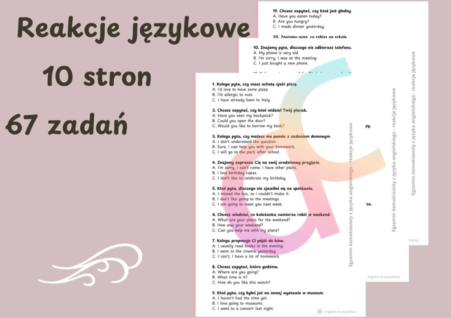 Angielski - Egzamin ósmoklasisty. Reakcje językowe (zadanie 5). 67 ćwiczeń z kluczem odpowiedzi