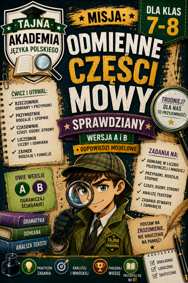 Odmienne części mowy – sprawdziany kl. 7–8 | wersja A i B + odpowiedzi modelowe