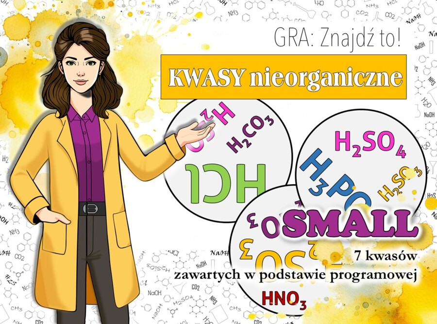 Klasa 7. Chemia. Znajdź to! Kwasy nieorganiczne. Gra typu dobble. Wersja SMALL.