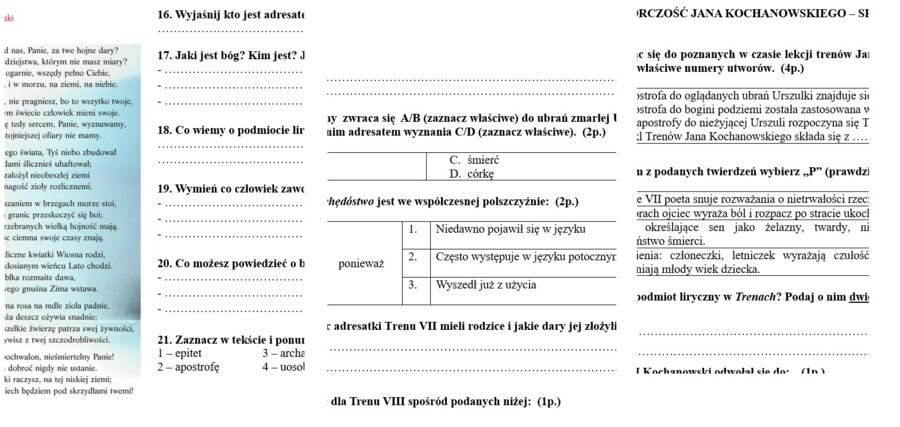Jan Kochanowski - życie i twórczość SPRAWDZIAN + KLUCZ ODPOWIEDZI