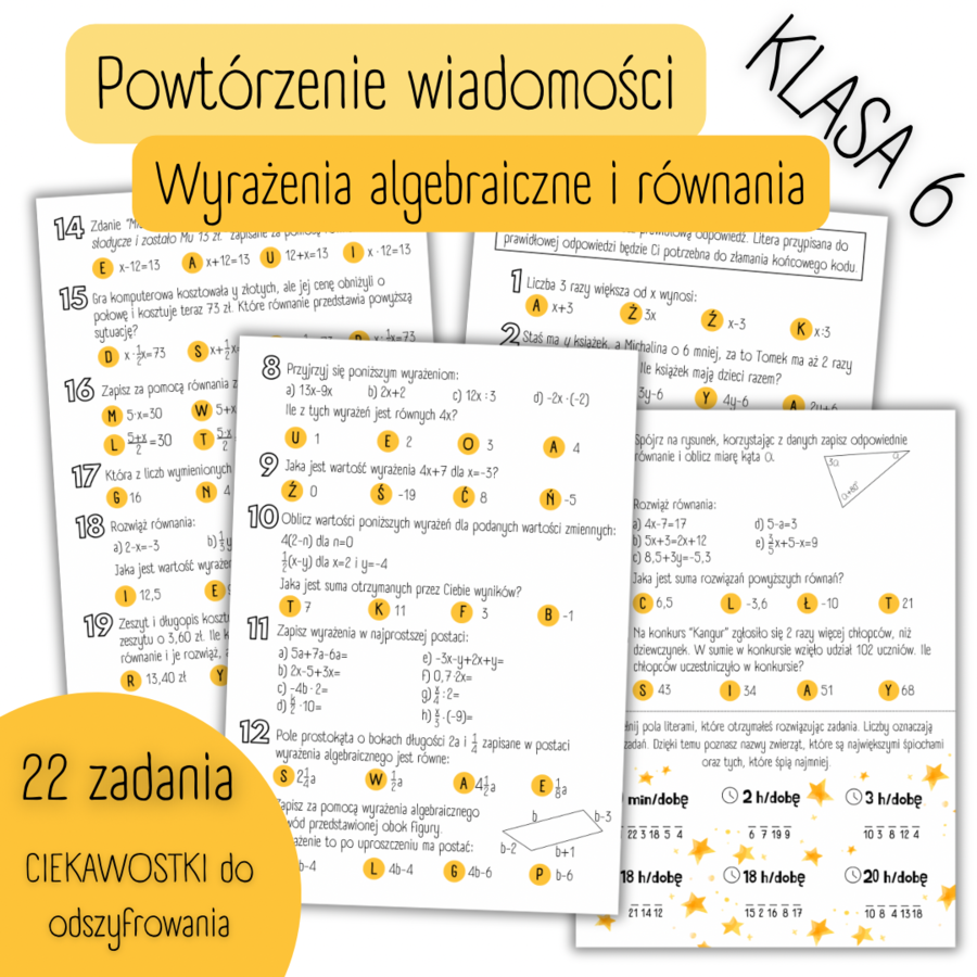 POWTÓRZENIE MATERIAŁU – Wyrażenia algebraiczne i równania – KLASA 6