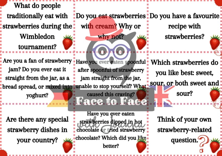 Karty do dyskusji i 3 Gry „Truskawkowe pytania“ – gra językowa na lato na ostatnie zajęcia A1+–B2