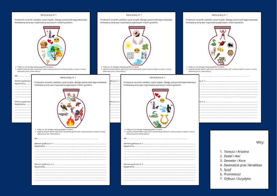 MITY GRECKIE - mitologia – ikonki – powtórzenie – powtórka – egzamin – karta pracy – karty pracy – 7 szt. – zestaw