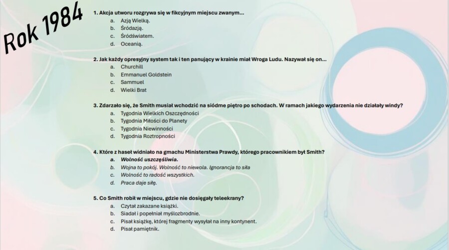 Test wprowadzający z lektury "Rok 1984"