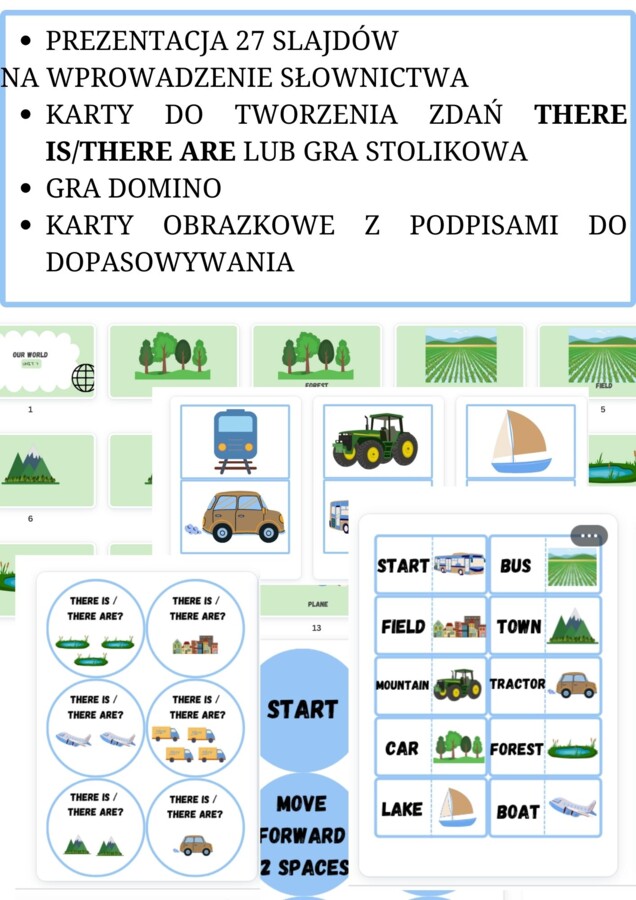 Gotowa lekcja do podręcznika New English Adventure 2 UNIT 7 - OUR WORLD, prezentacja, flashcards, gra doino, gra stolikowa, karty do ćwiczenia THERE IS / THERE ARE