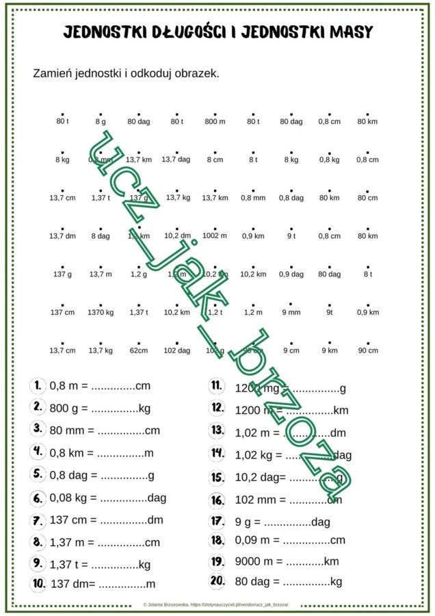 Jednostki długości i jednostki masy, kodowanie, klasa 6