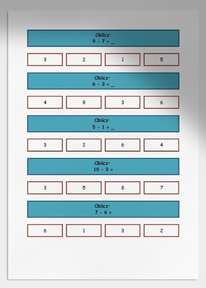 Odejmowanie w zakresie do 10. Karta pracy. Sprawdzian