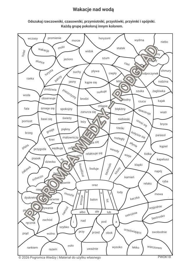 Wakacyjne części mowy - zestaw kart pracy + klucz odpowiedzi